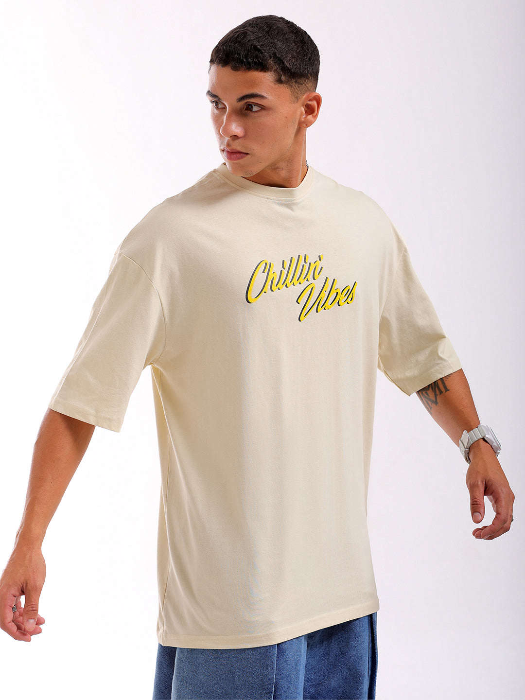 Shop Men Beige Oversized Fit Back Printed T-Shirt Online.