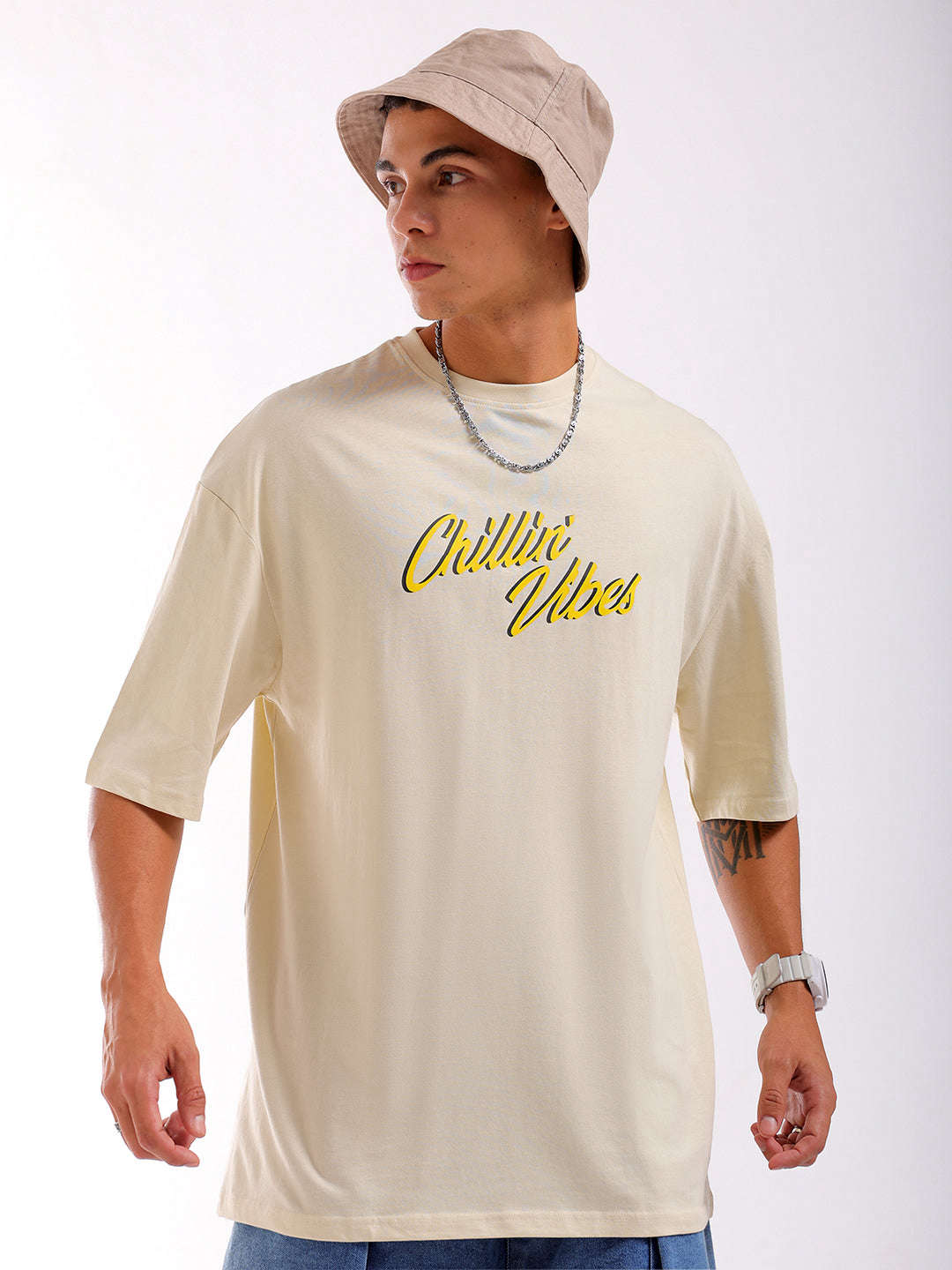 Shop Men Beige Oversized Fit Back Printed T-Shirt Online.