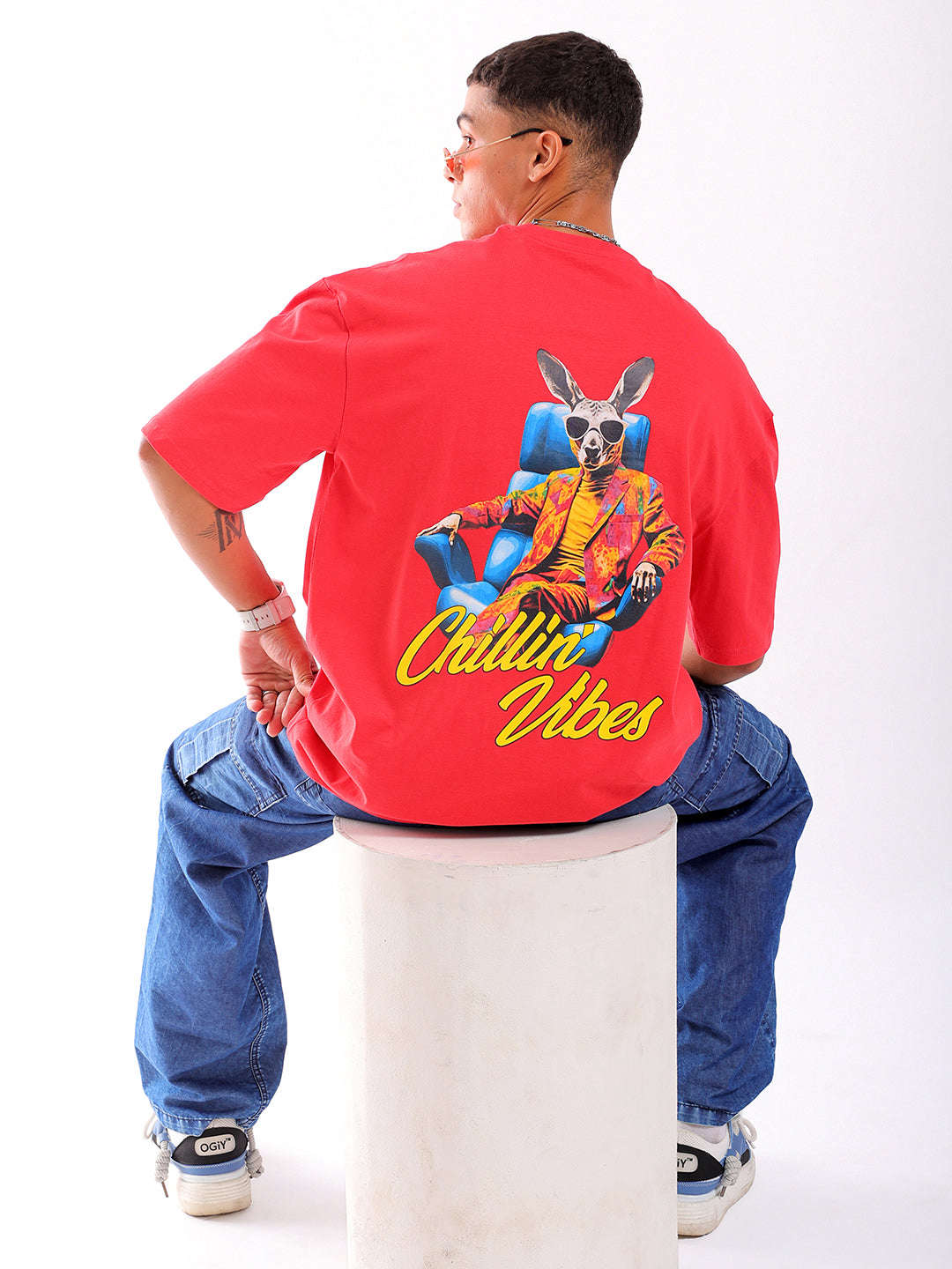 Shop Men Red Oversized Fit Back Printed T-Shirt Online.