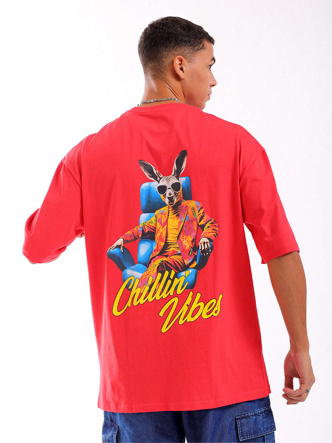 Shop Men Red Oversized Fit Back Printed T-Shirt Online.