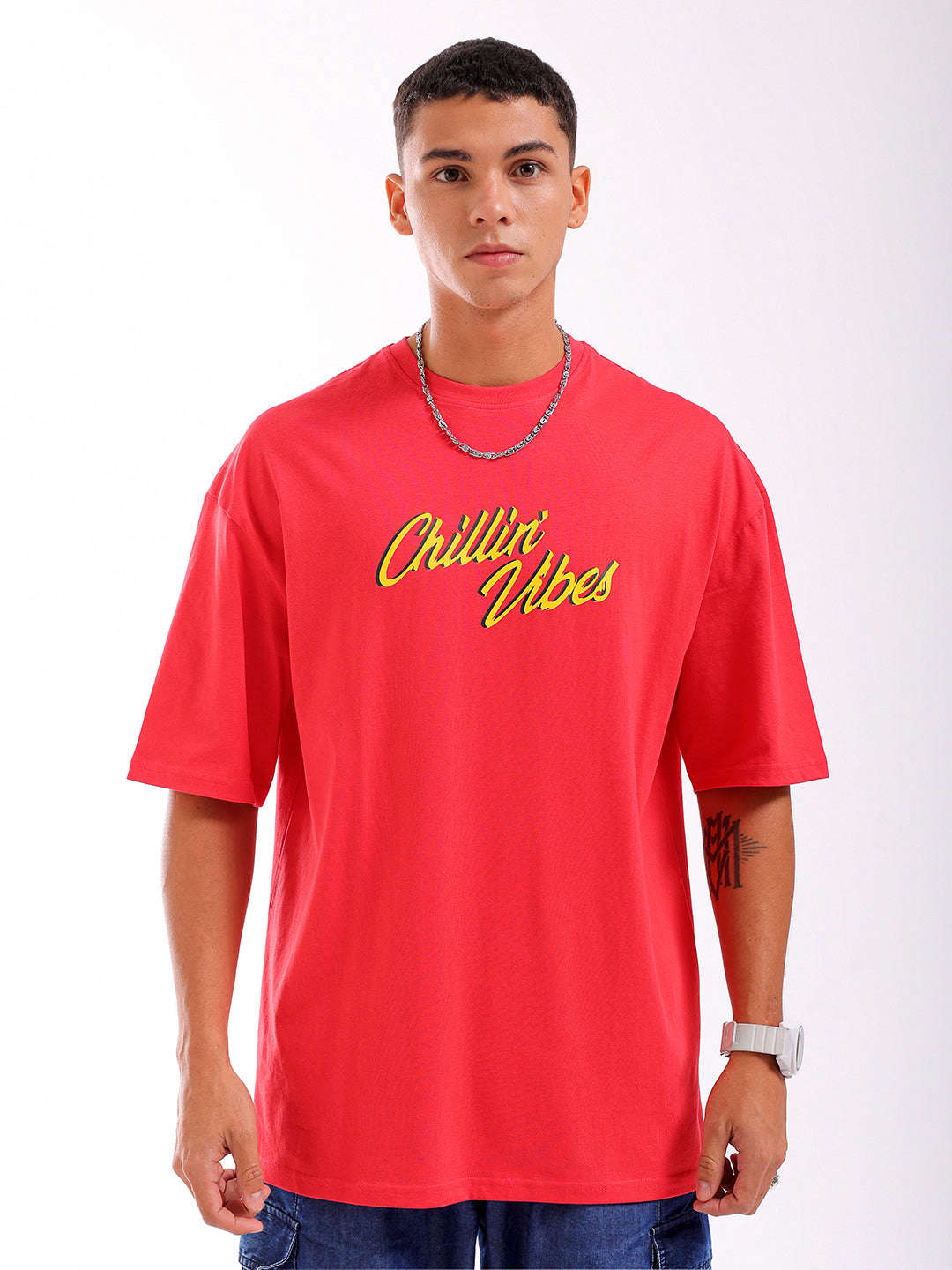 Shop Men Red Oversized Fit Back Printed T-Shirt Online.