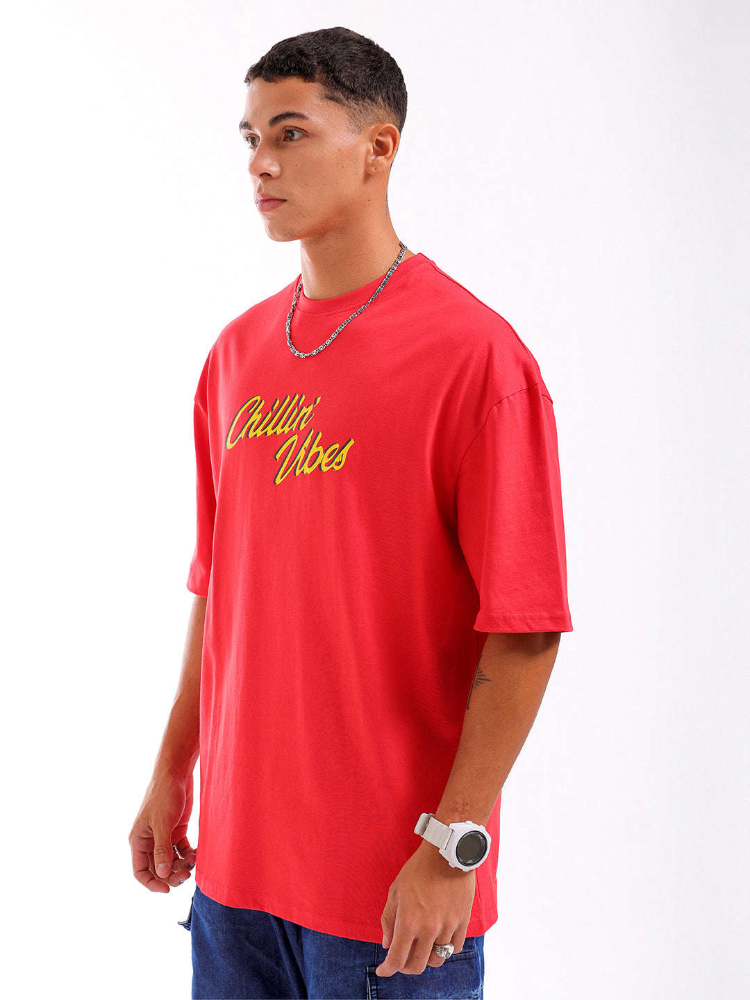 Shop Men Red Oversized Fit Back Printed T-Shirt Online.