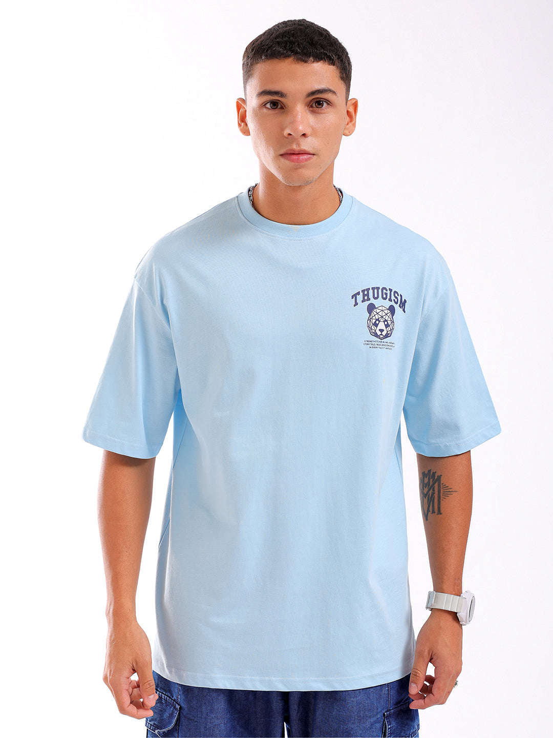 Shop Men Blue Oversized Fit Back Printed T-Shirt Online.