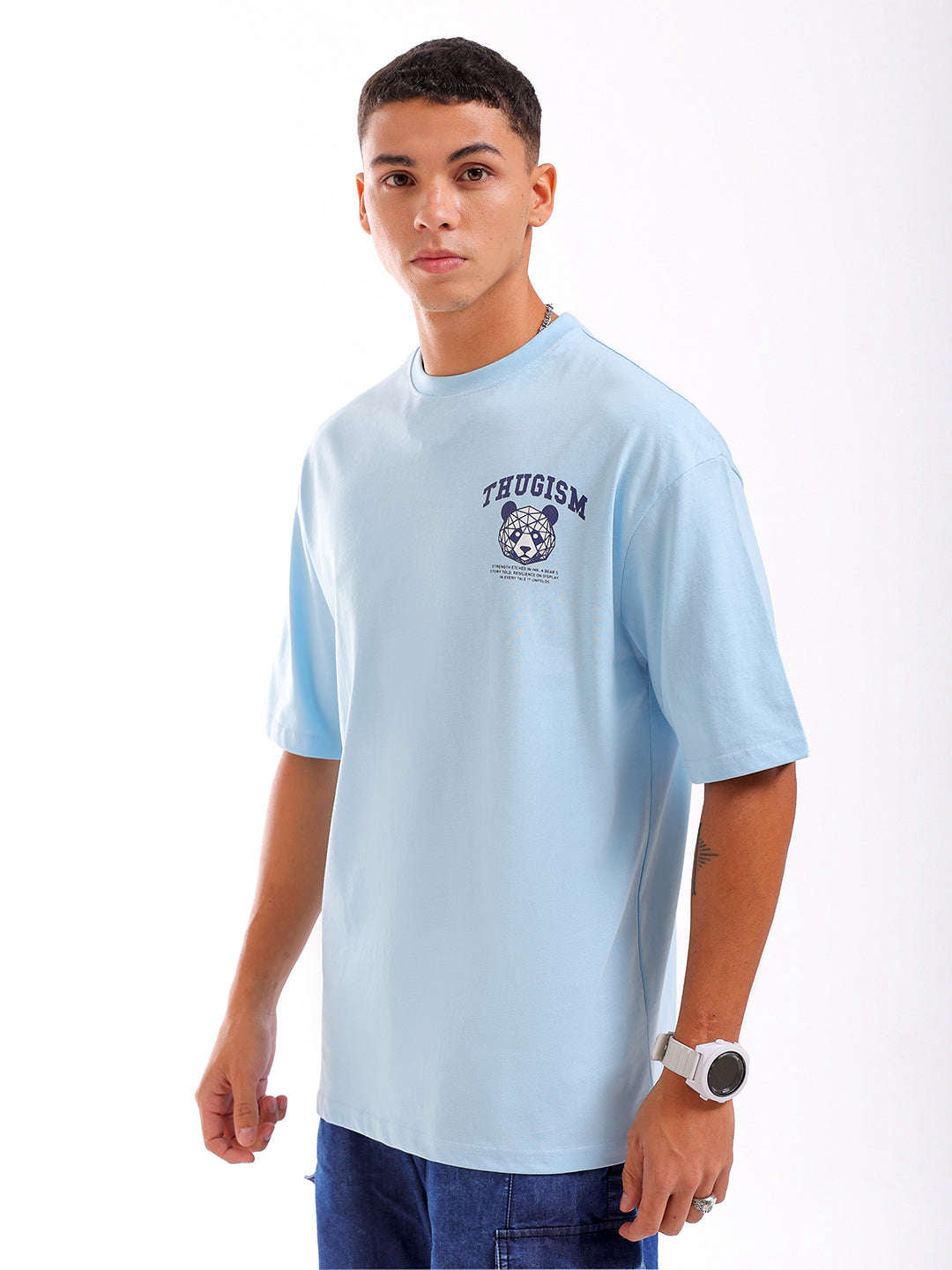 Shop Men Blue Oversized Fit Back Printed T-Shirt Online.