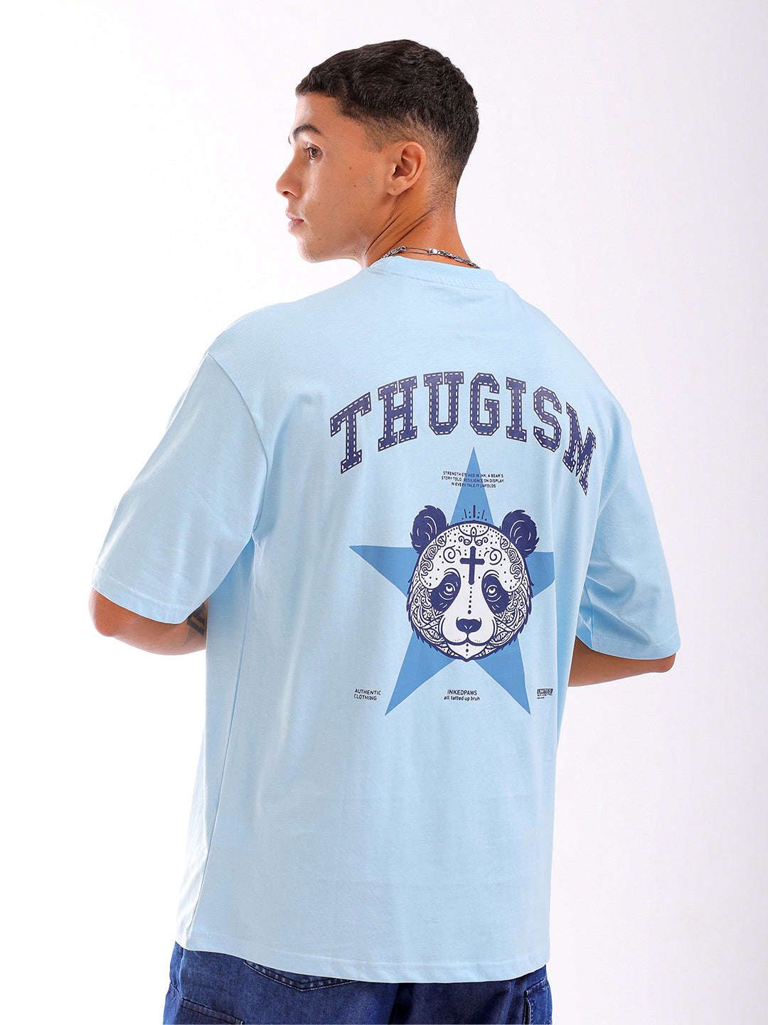 Shop Men Blue Oversized Fit Back Printed T-Shirt Online.