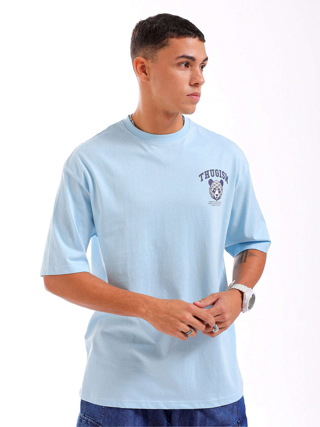 Shop Men Blue Oversized Fit Back Printed T-Shirt Online.