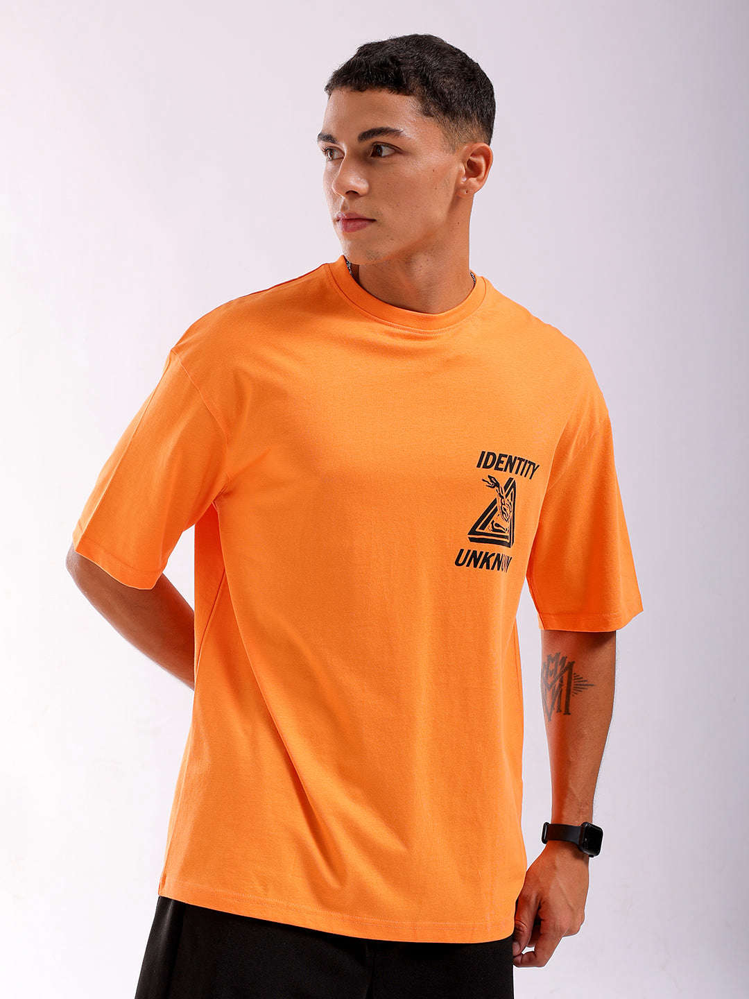 Shop Men Orange Oversized Fit Back Printed T-Shirt Online.