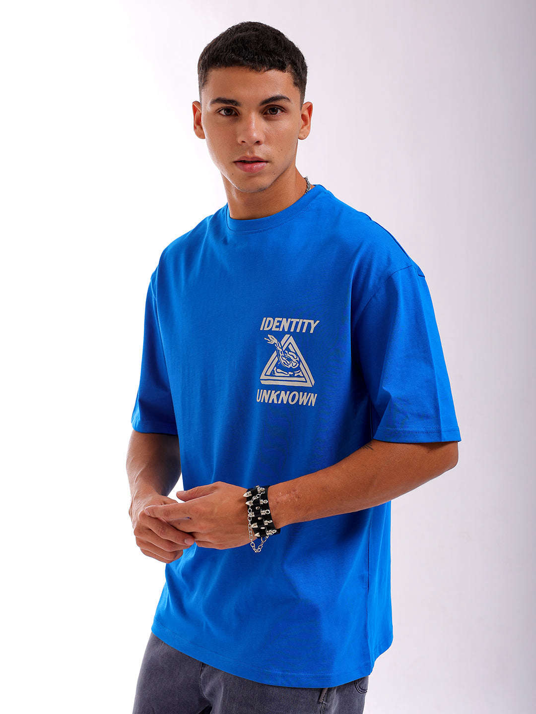 Shop Men Blue Oversized Fit Back Printed T-Shirt Online.