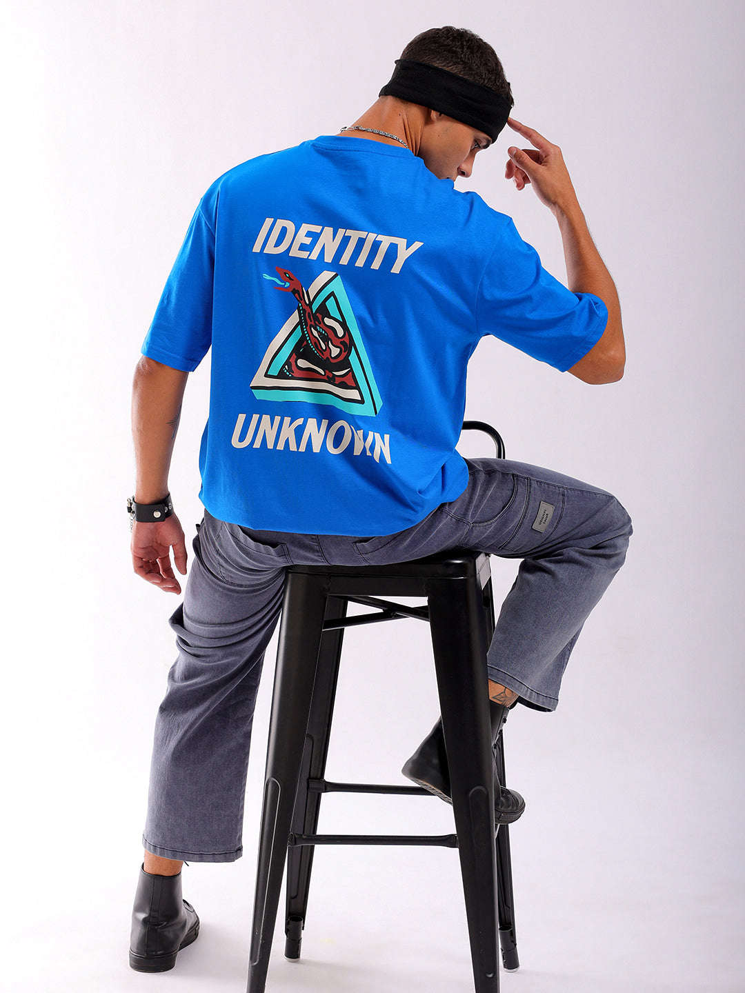 Shop Men Blue Oversized Fit Back Printed T-Shirt Online.