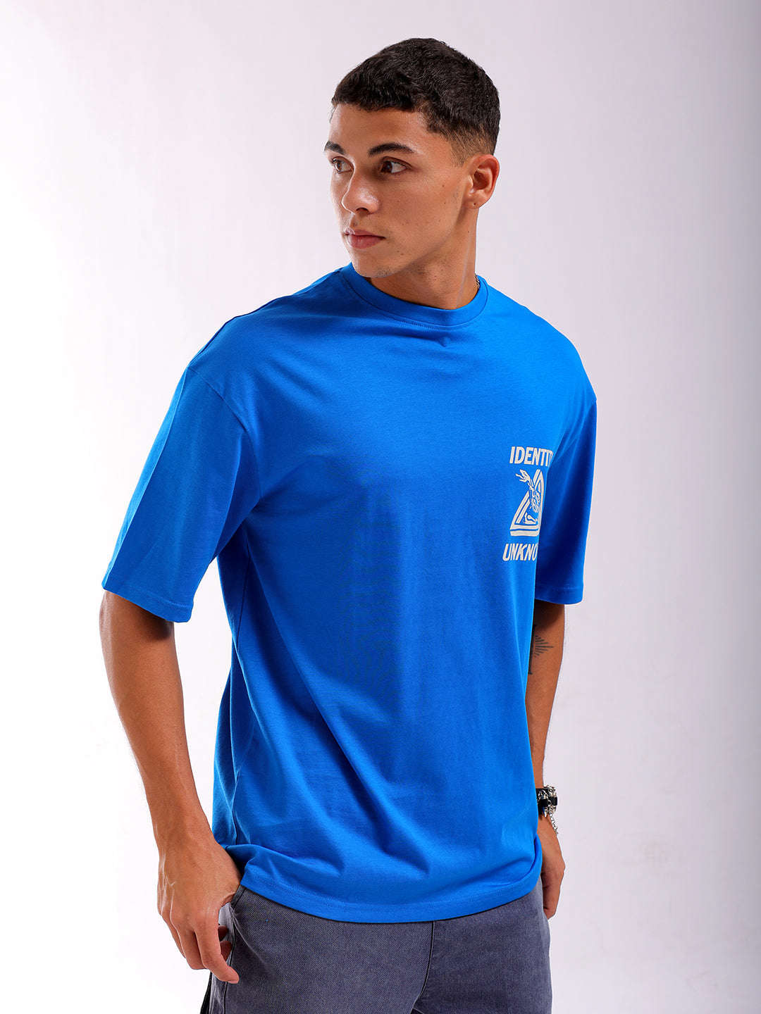 Shop Men Blue Oversized Fit Back Printed T-Shirt Online.