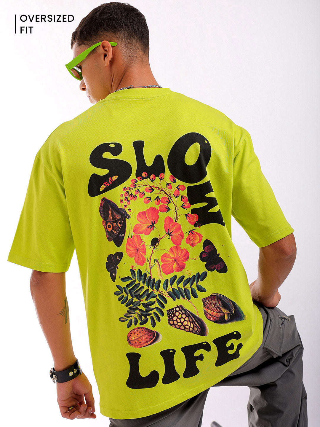 Shop Men Green Oversized Fit Back Printed T-Shirt Online.