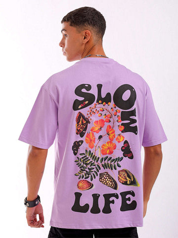 Shop Men Purple Oversized Fit Back Printed T-Shirt Online.