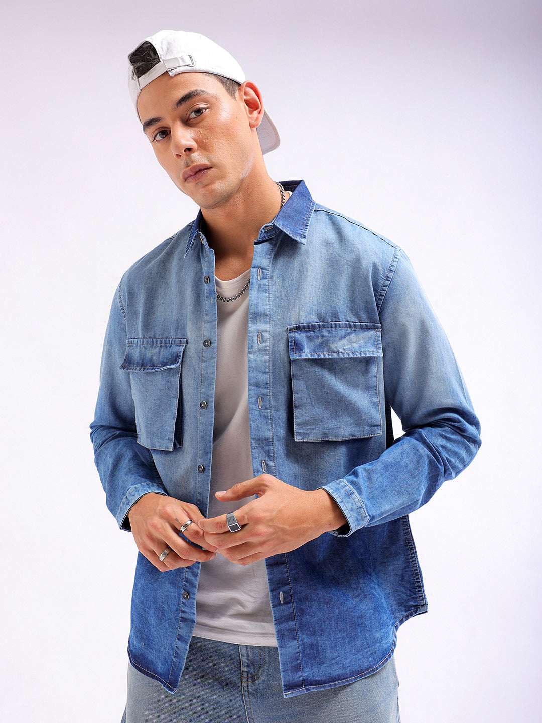 Shop Men Solid Denim Cargo Shirt Online.