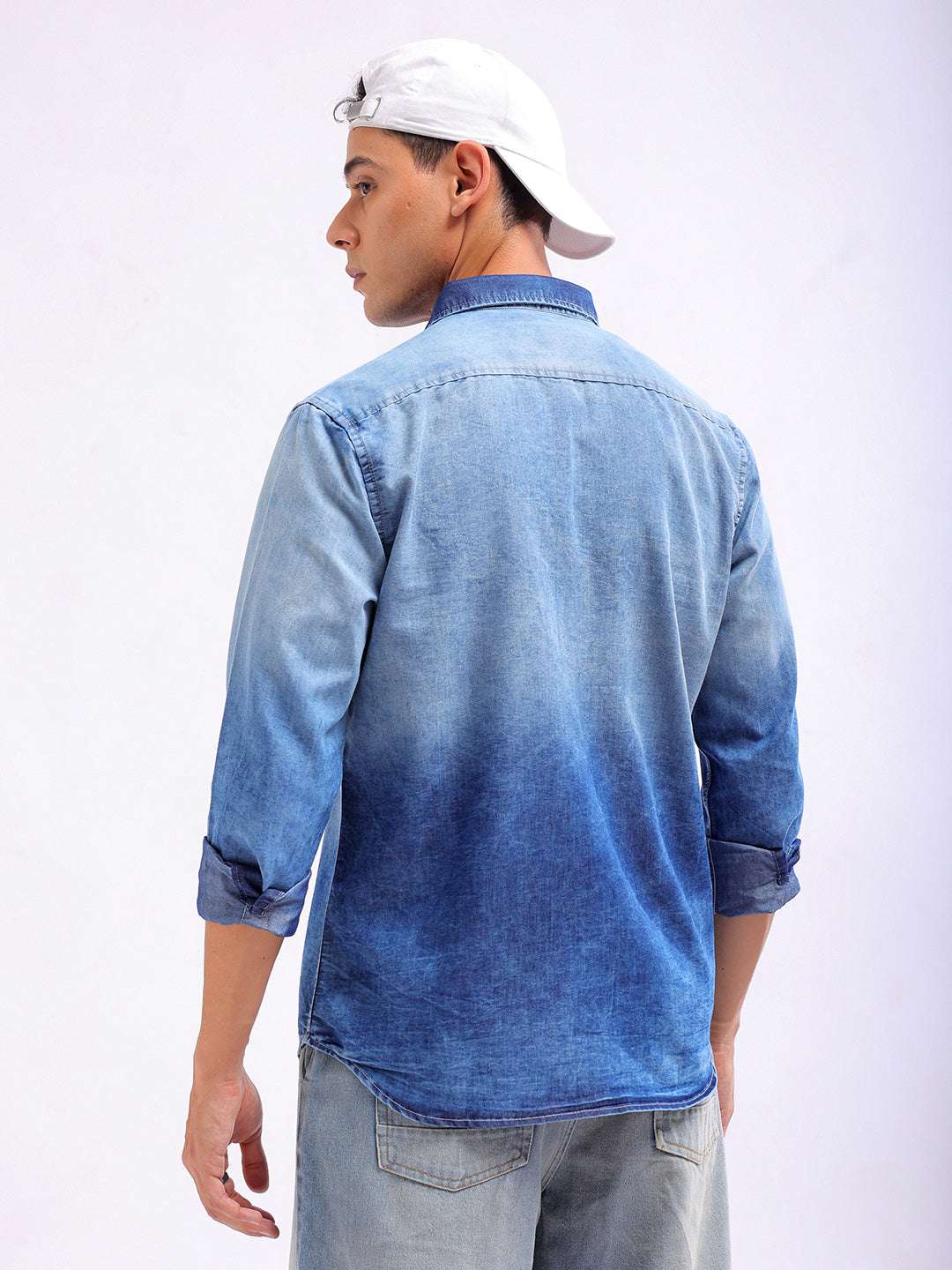 Shop Men Solid Denim Cargo Shirt Online.