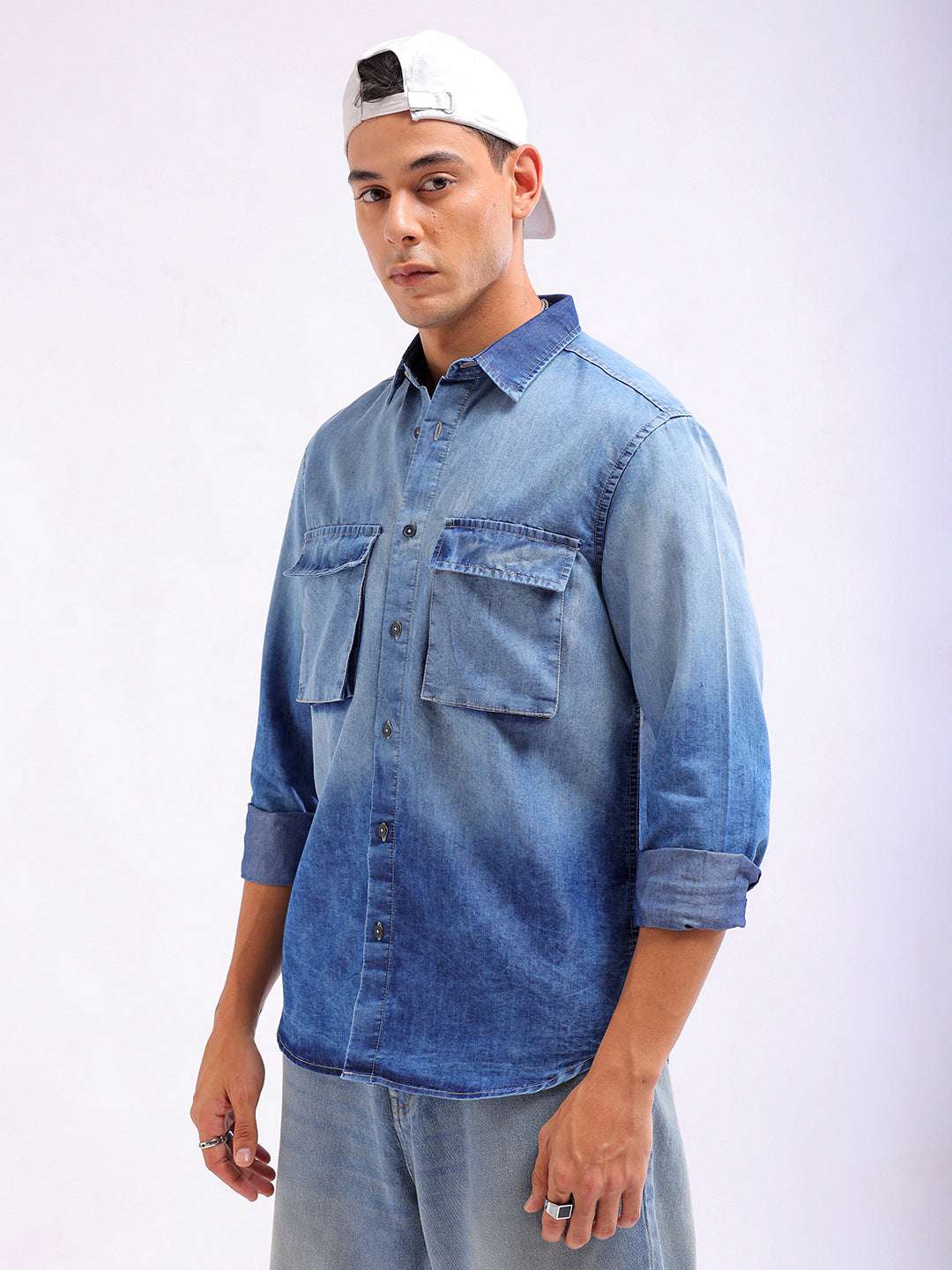 Shop Men Solid Denim Cargo Shirt Online.