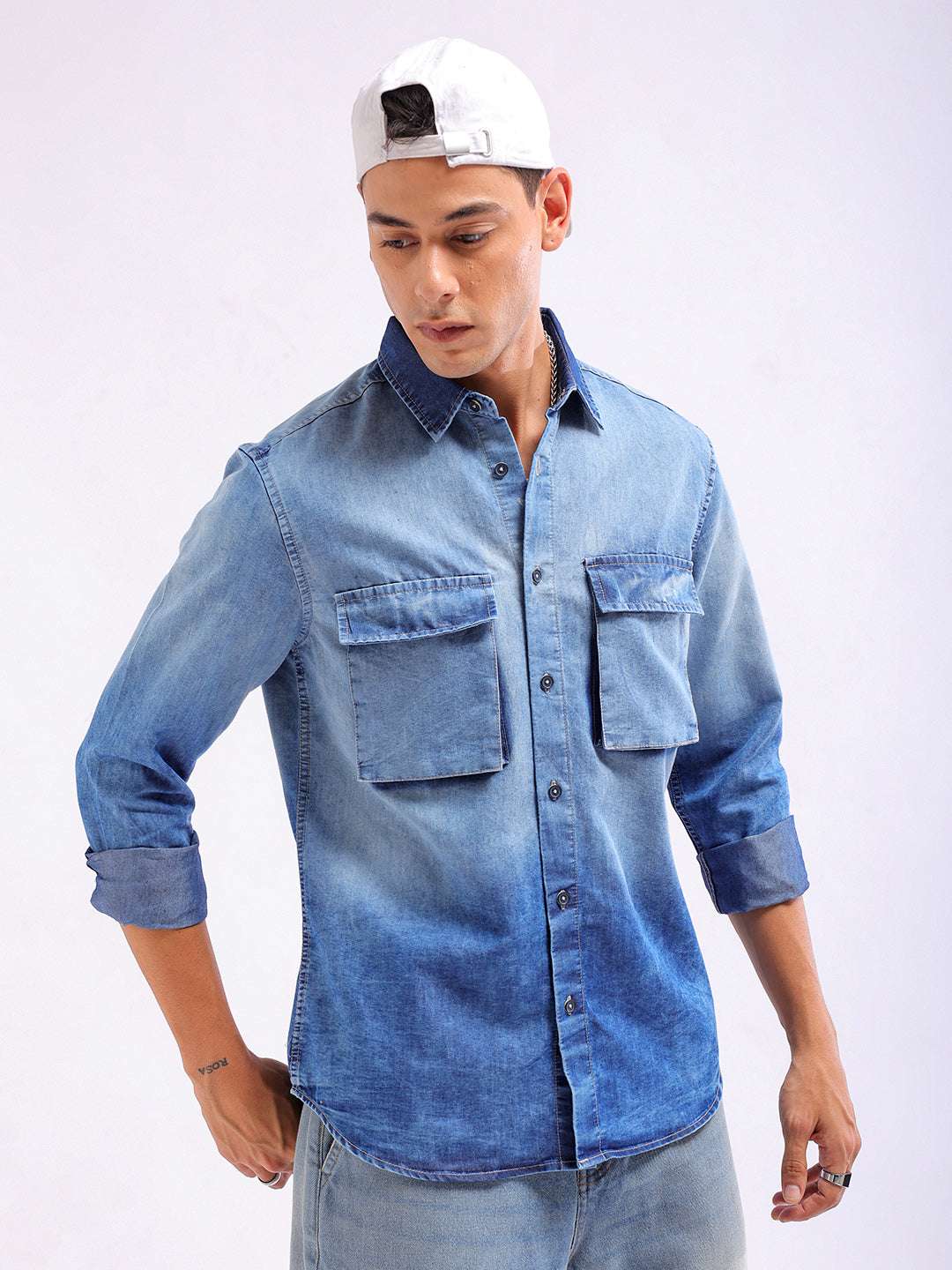 Shop Men Solid Denim Cargo Shirt Online.