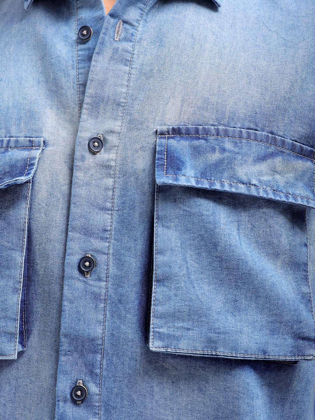 Shop Men Solid Denim Cargo Shirt Online.