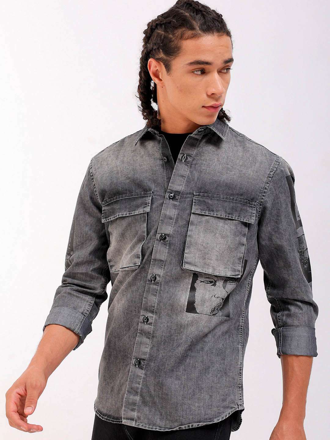 Shop Men Placement Printed Denim Cargo Shirt Online.