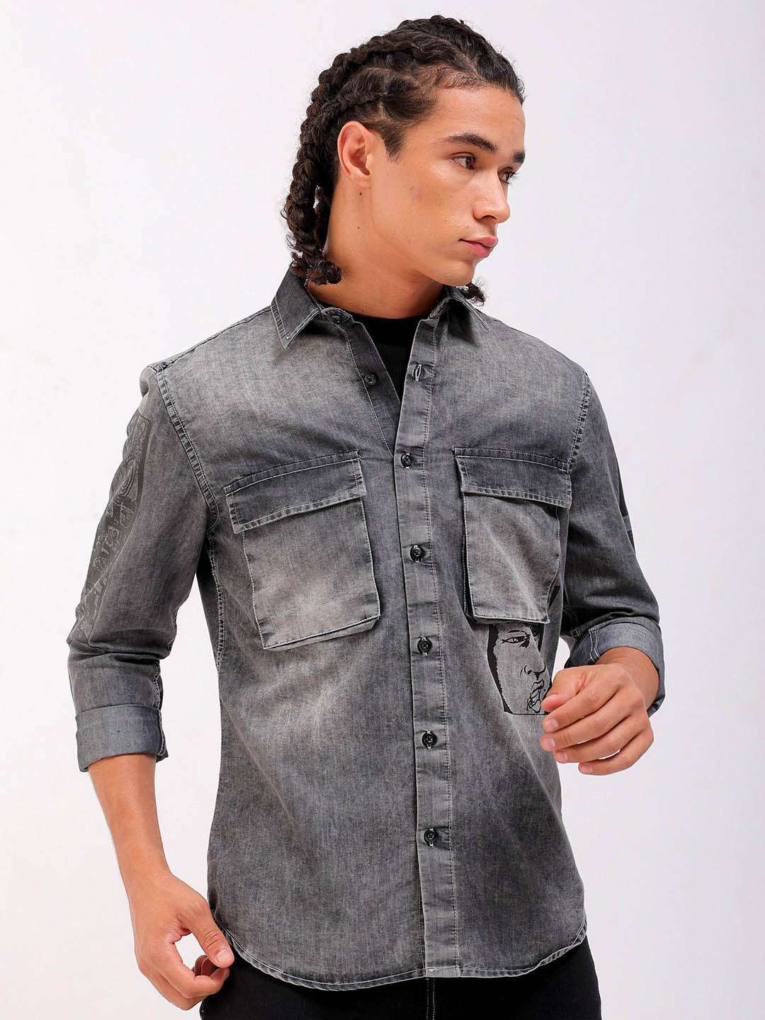 Shop Men Placement Printed Denim Cargo Shirt Online.