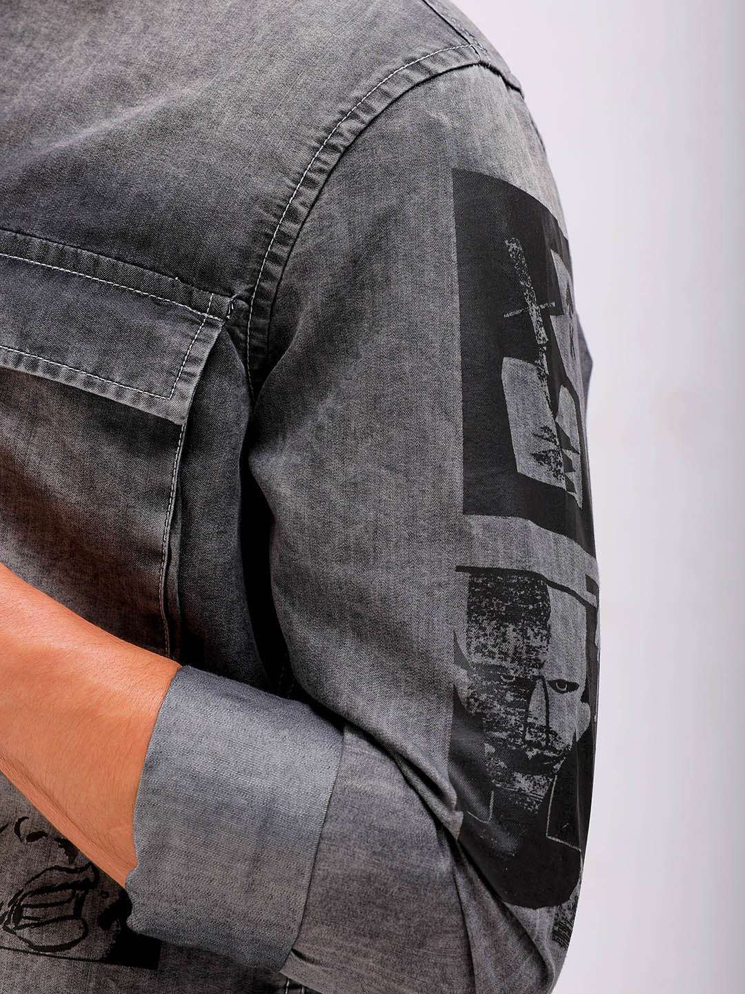 Shop Men Placement Printed Denim Cargo Shirt Online.