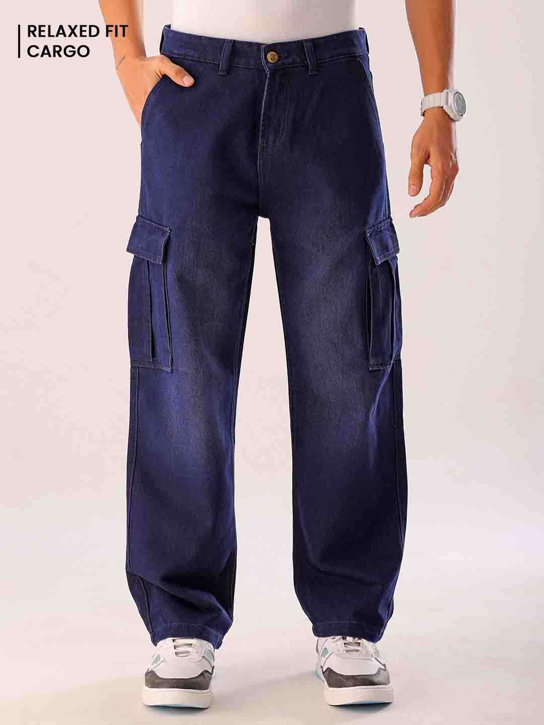 Shop Men Blue Solid G365 Relaxed Fit Cargo Denim Online.