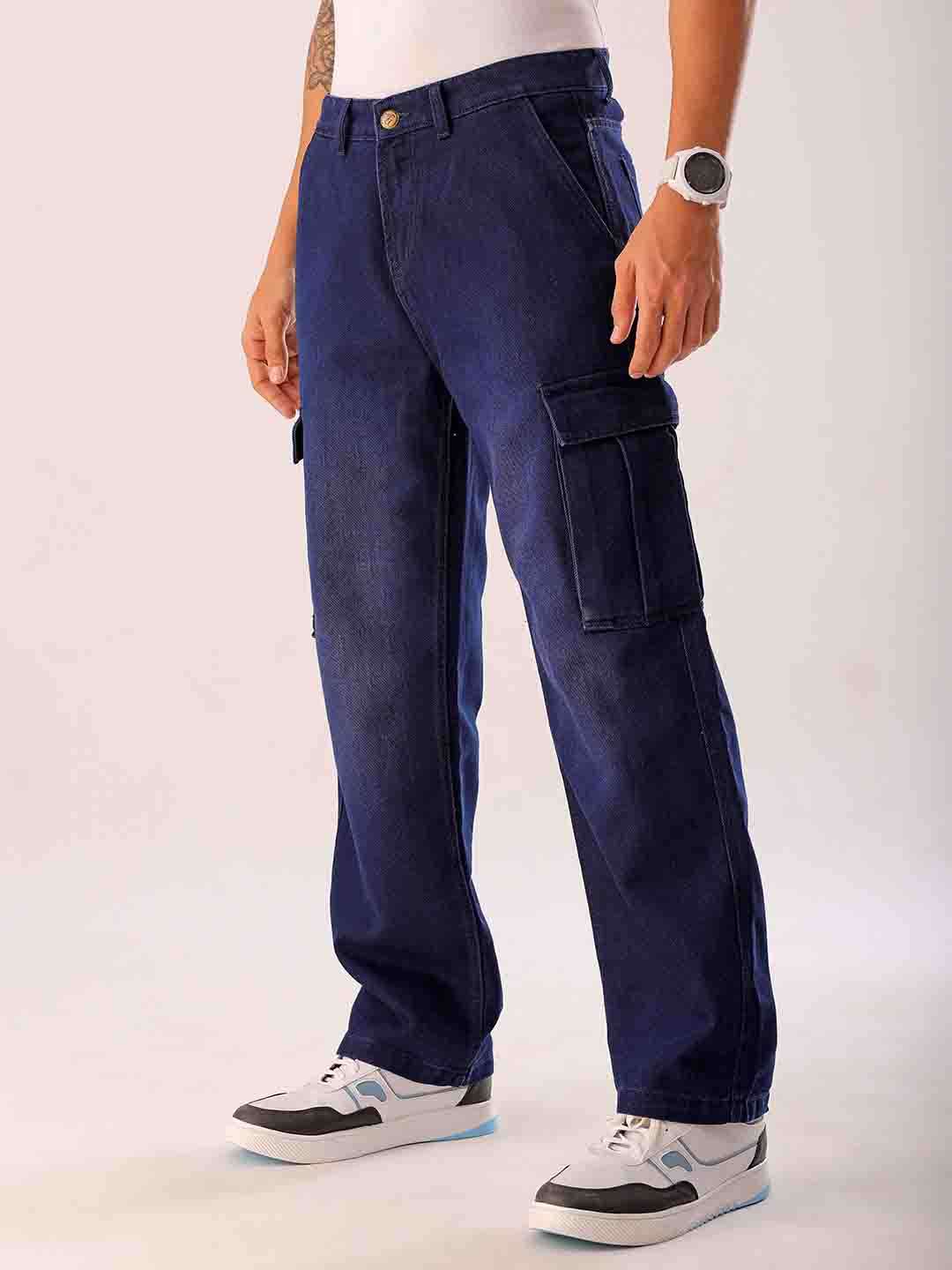 Shop Men Blue Solid G365 Relaxed Fit Cargo Denim Online.