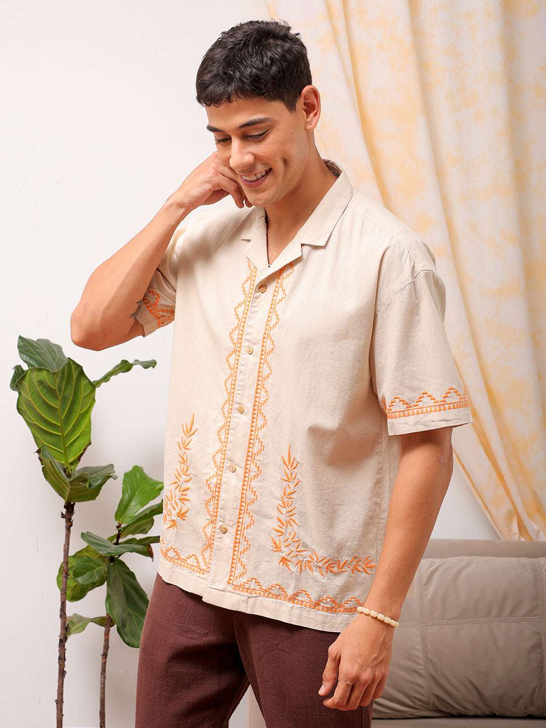 Shop Men Embroidered Relaxed Fit Resort Wear Shirt Online.