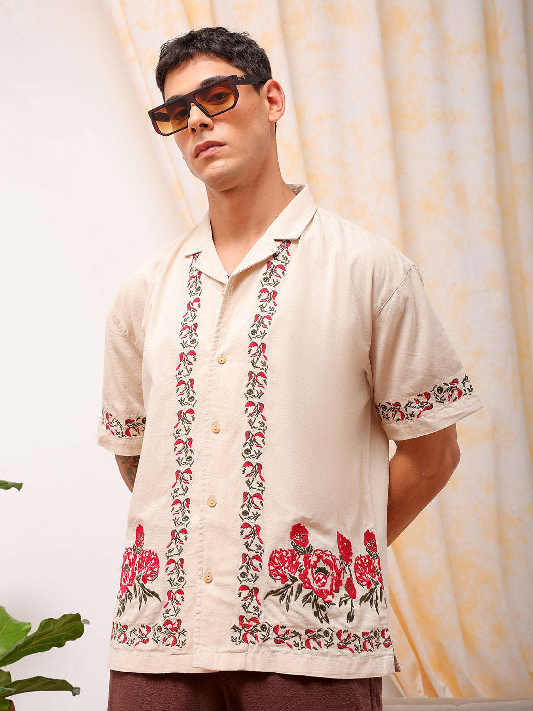 Shop Men Embroidered Relaxed Fit Resort Wear Shirt Online.