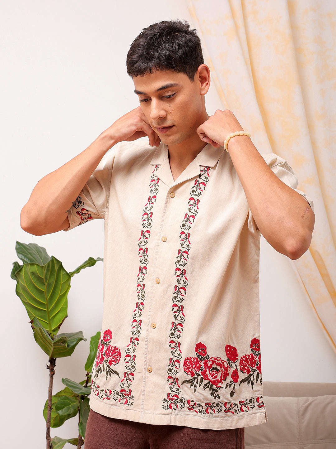 Shop Men Embroidered Relaxed Fit Resort Wear Shirt Online.