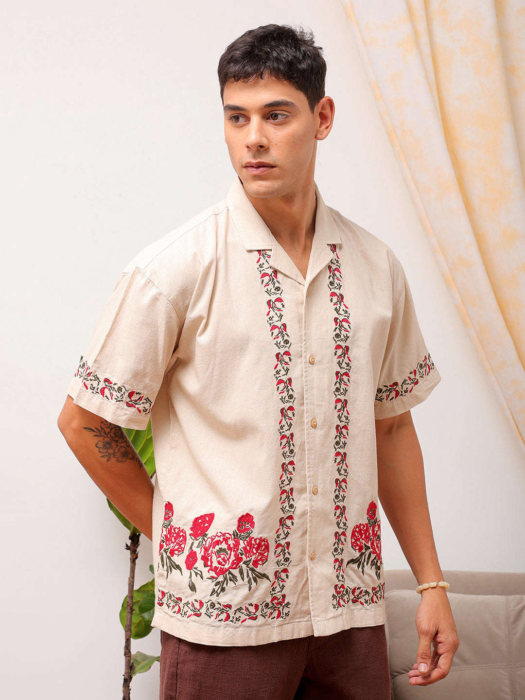 Shop Men Embroidered Relaxed Fit Resort Wear Shirt Online.