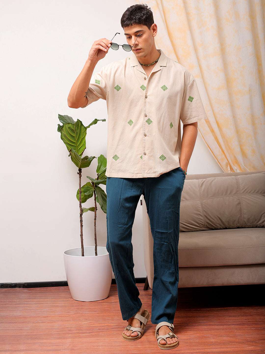 Shop Men Embroidered Relaxed Fit Resort Wear Shirt Online.