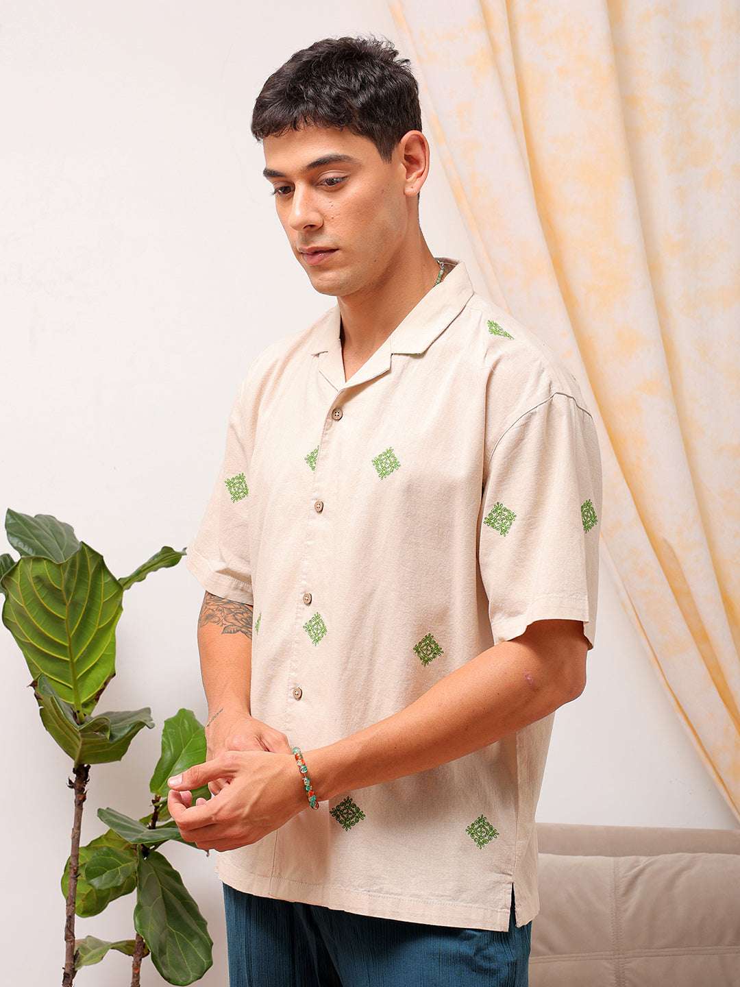 Shop Men Embroidered Relaxed Fit Resort Wear Shirt Online.