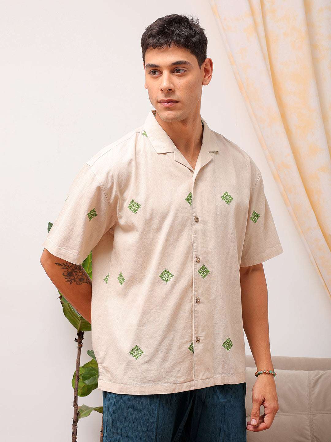 Shop Men Embroidered Relaxed Fit Resort Wear Shirt Online.