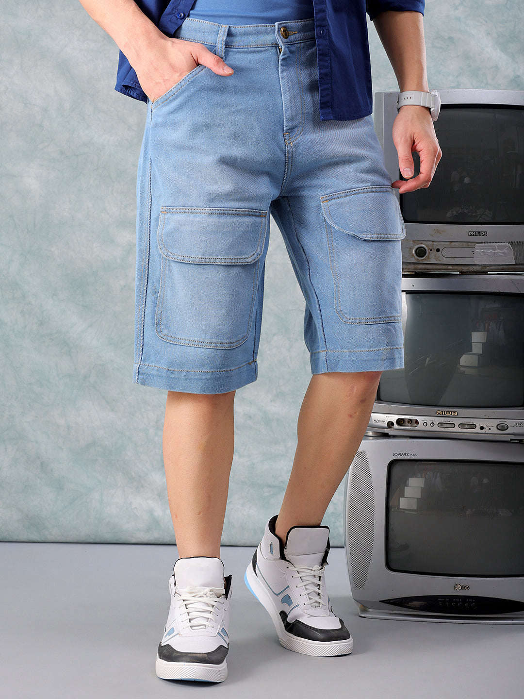 Shop Men Blue Relaxed Fit Solid Denim Cargo Shorts Online.