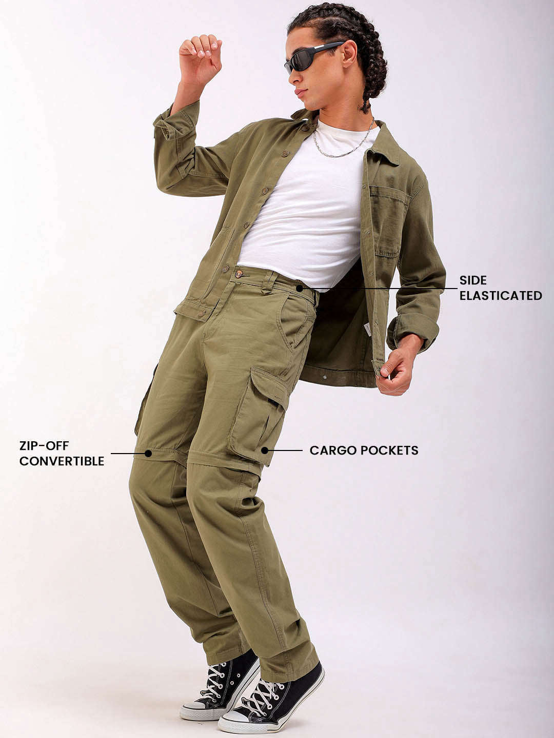 Shop Men Solid Relaxed Fit Zip-Off Convertible Cargo Online.