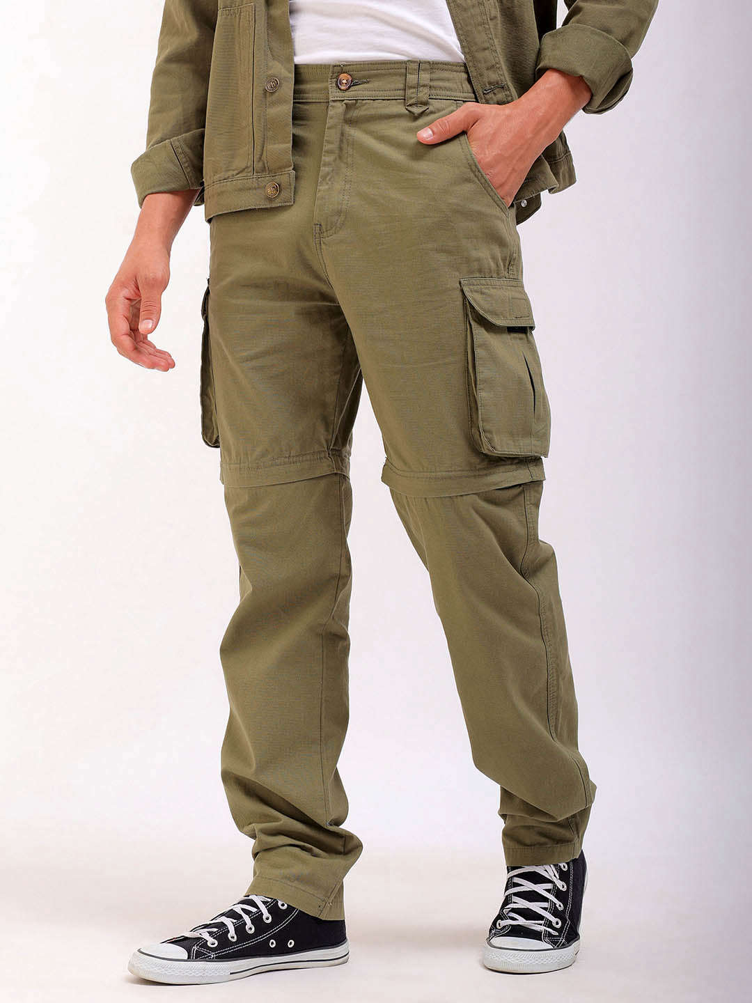 Shop Men Solid Relaxed Fit Zip-Off Convertible Cargo Online.