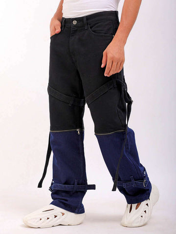 Shop Men Colourblock Relaxed Fit Zip-Off Convertible Jeans Online.