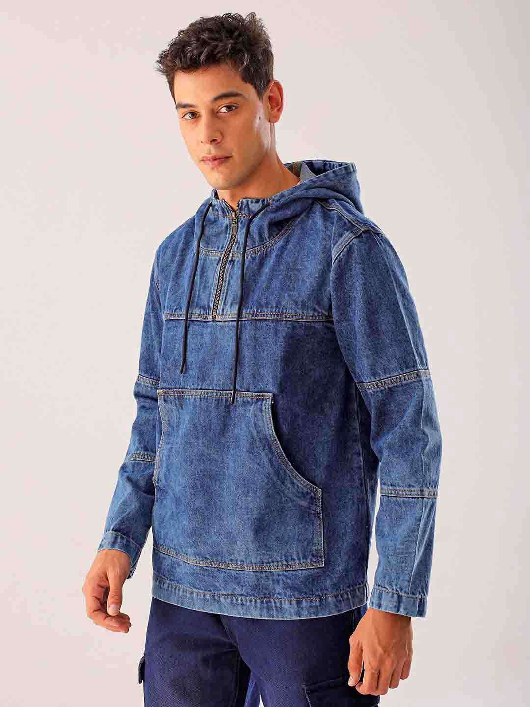 Shop Men Blue Relaxed Fit Solid Hooded Denim Jacket Online.