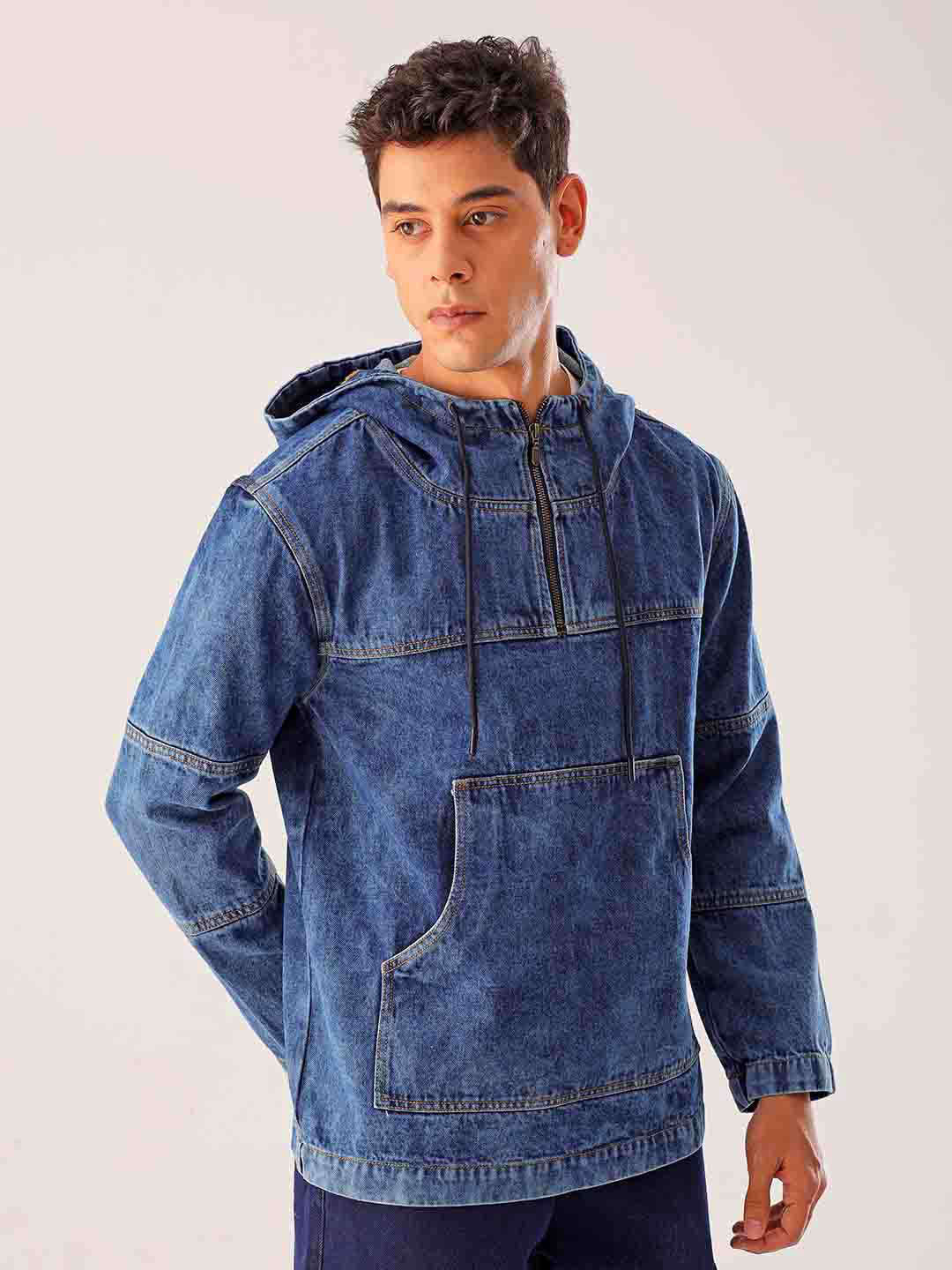 Shop Men Blue Relaxed Fit Solid Hooded Denim Jacket Online.