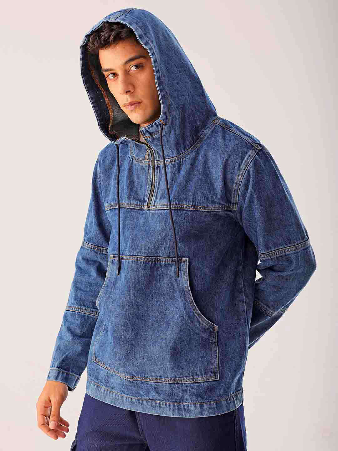 Shop Men Blue Relaxed Fit Solid Hooded Denim Jacket Online.