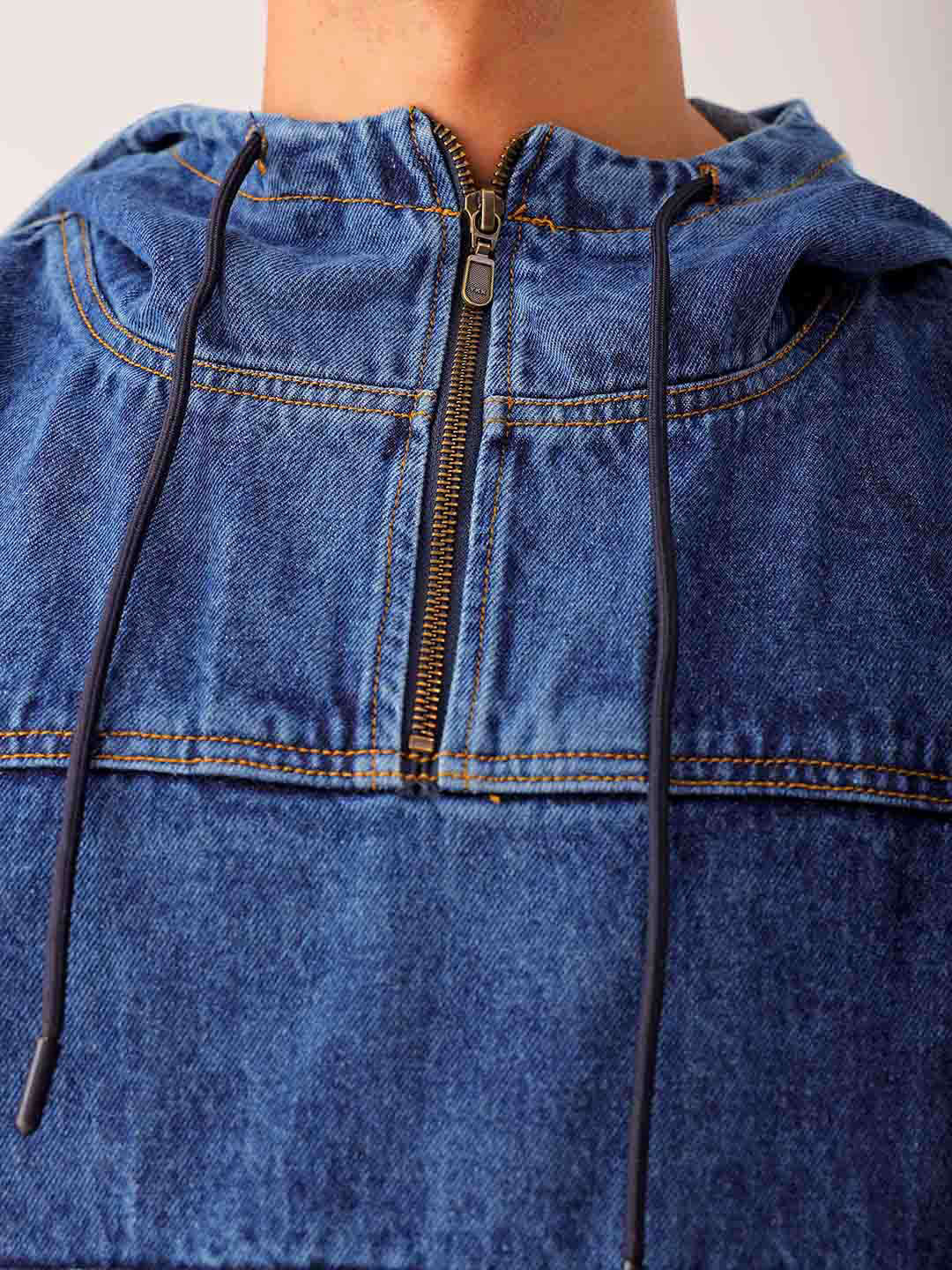 Shop Men Blue Relaxed Fit Solid Hooded Denim Jacket Online.