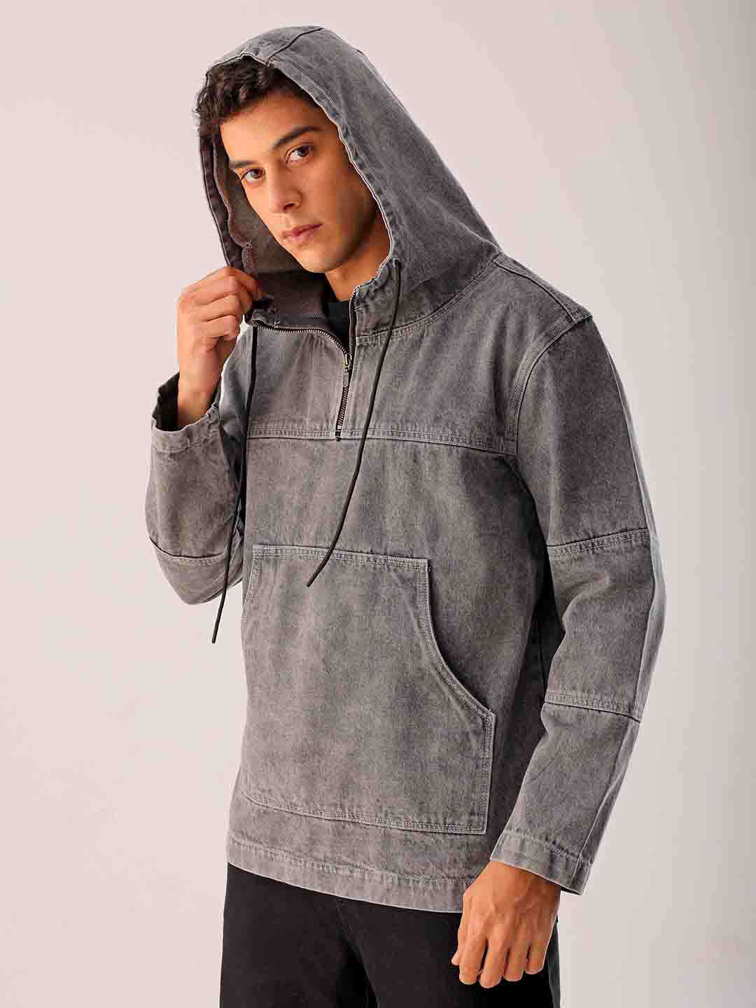 Shop Men Grey Relaxed Fit Solid Hooded Denim Jacket Online.