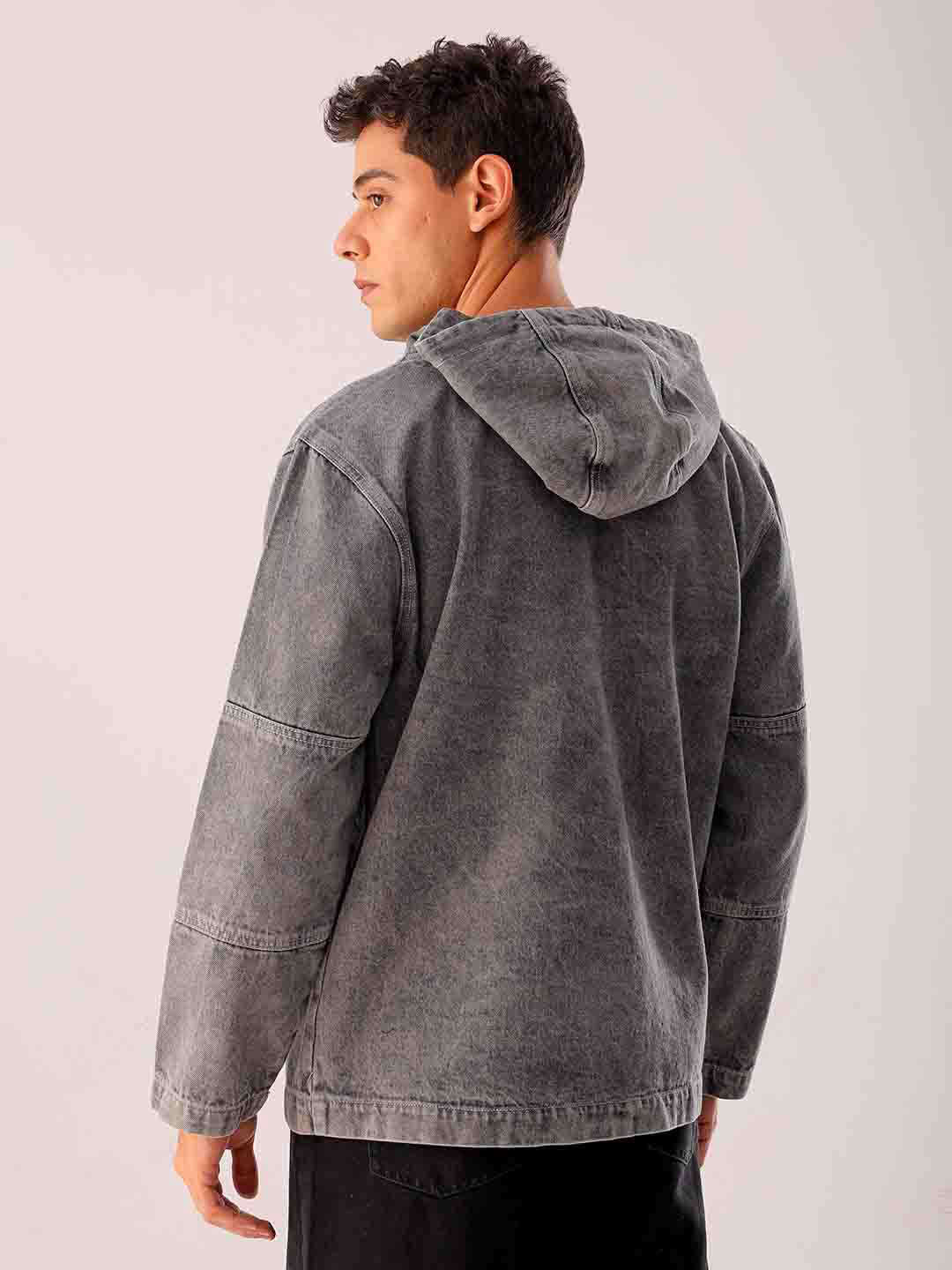 Shop Men Grey Relaxed Fit Solid Hooded Denim Jacket Online.