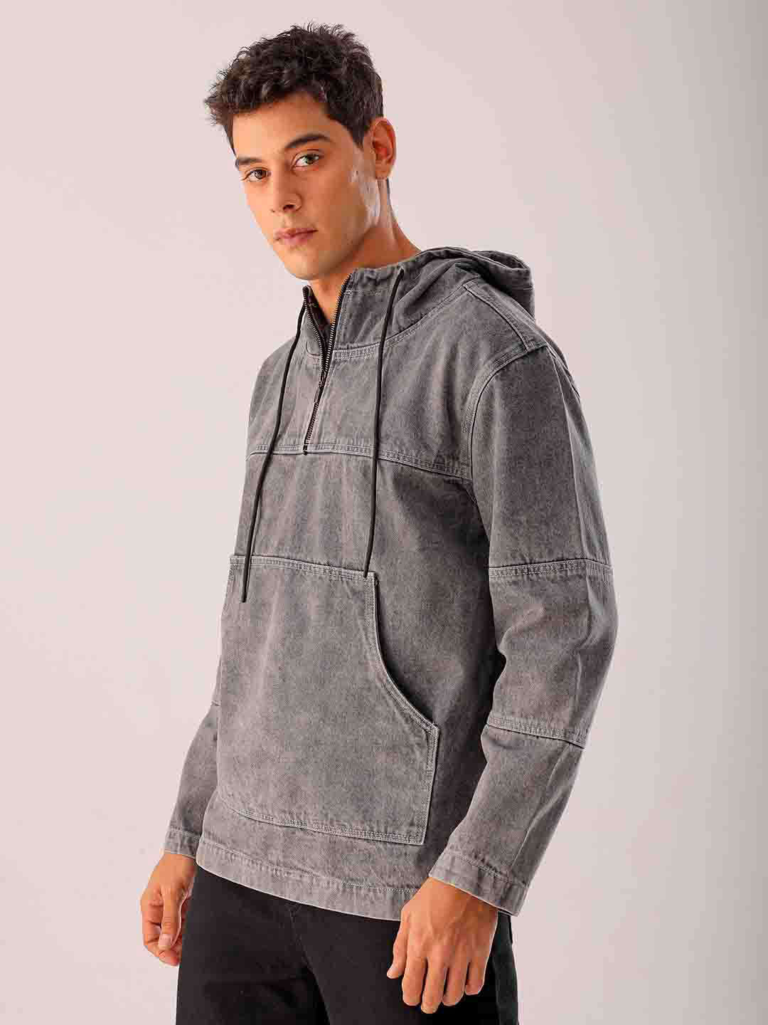 Shop Men Grey Relaxed Fit Solid Hooded Denim Jacket Online.