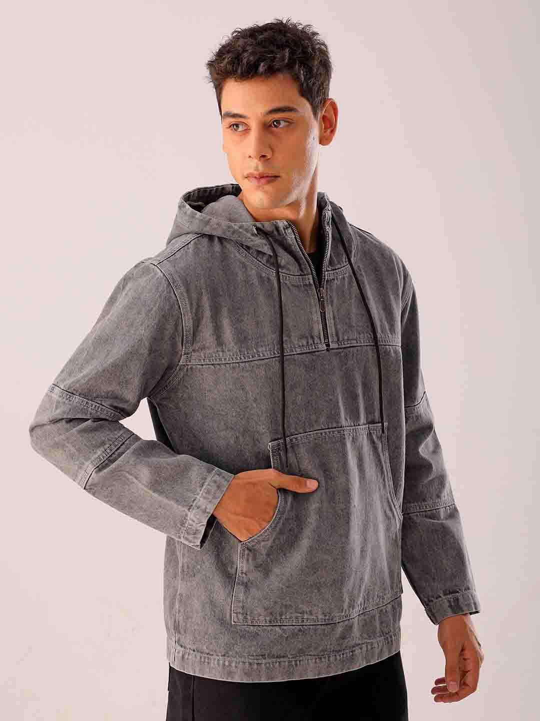 Shop Men Grey Relaxed Fit Solid Hooded Denim Jacket Online.