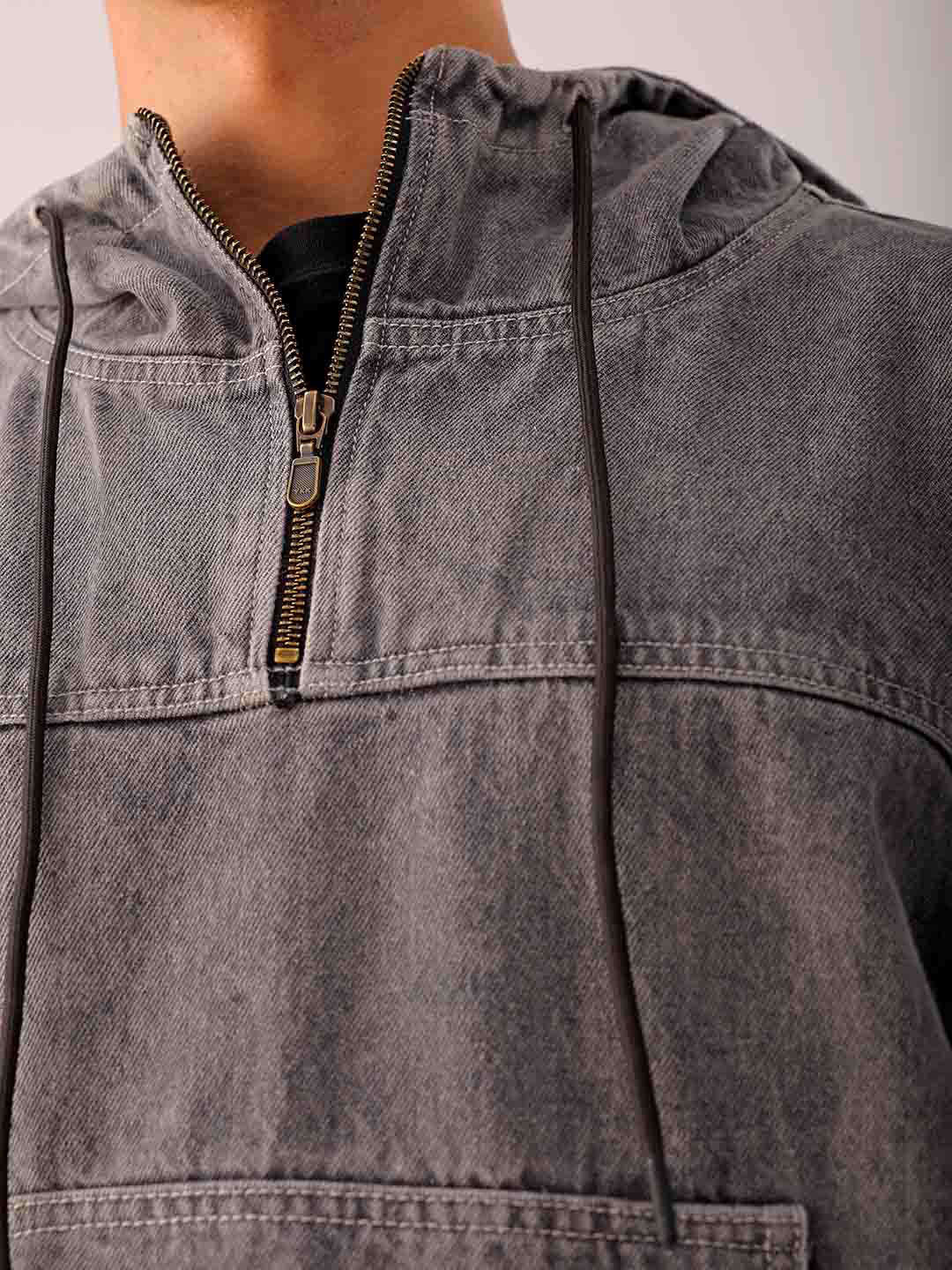 Shop Men Grey Relaxed Fit Solid Hooded Denim Jacket Online.