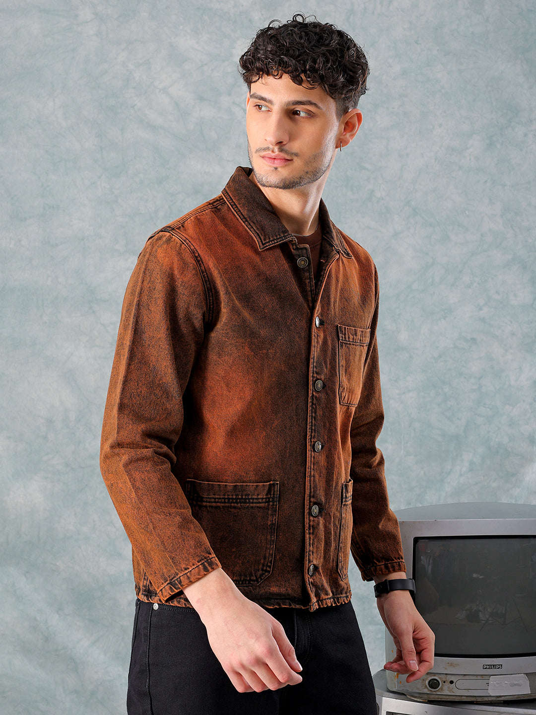 Shop Men Rust Relaxed Fit Solid Utility Trucker Jacket Online.