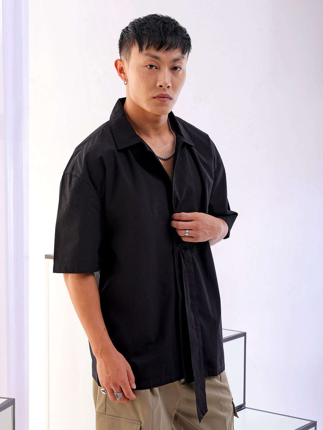 Shop Men Solid Korean Loose Fit Shirt Online.