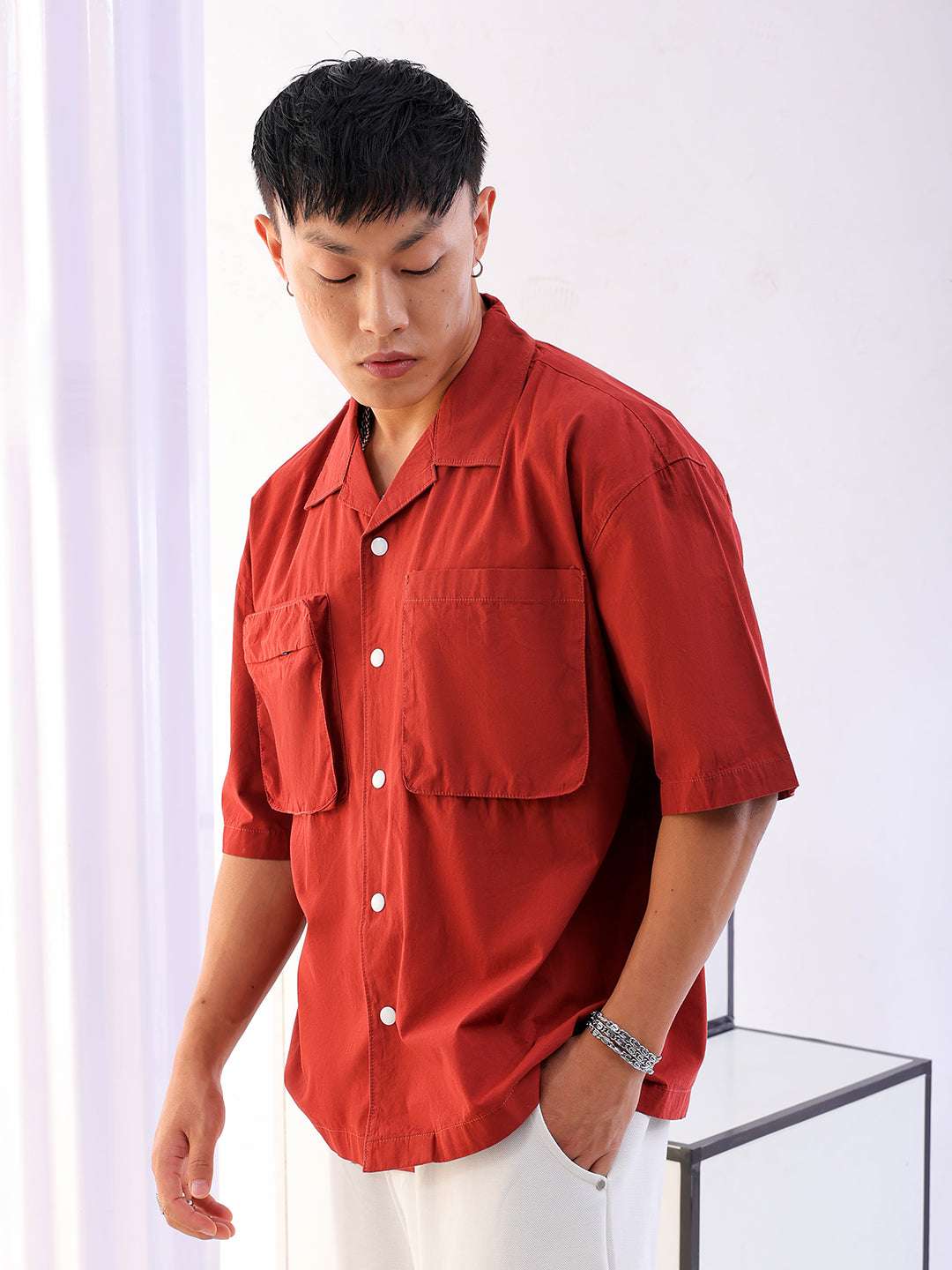 Shop Men Solid Korean Loose Fit Shirt Online.