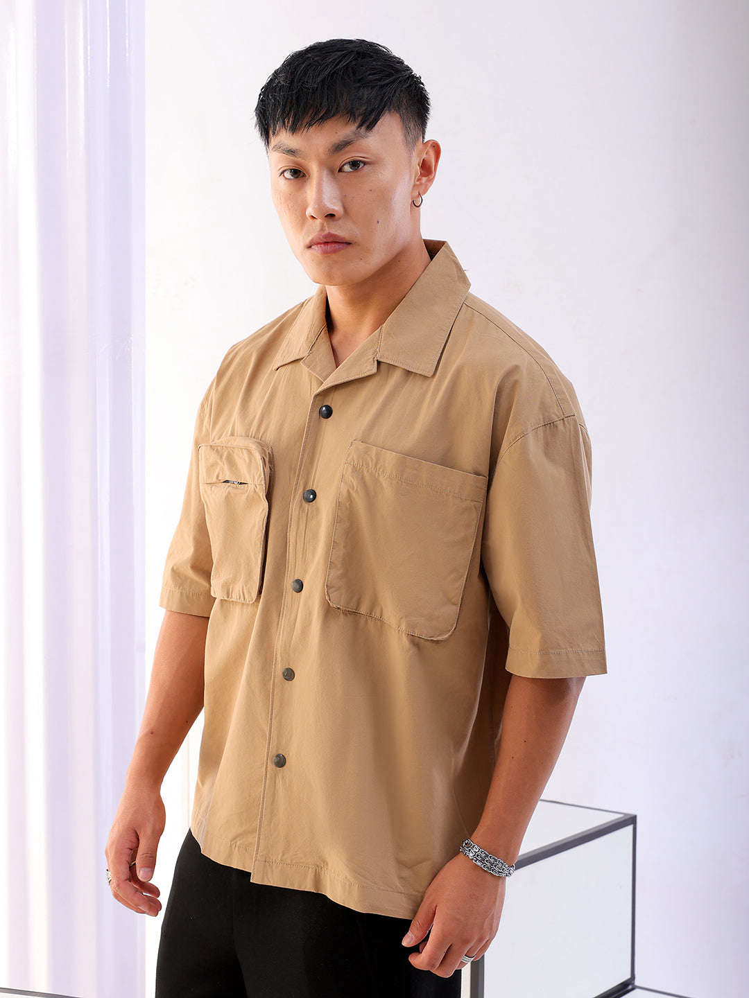 Shop Men Solid Korean Loose Fit Shirt Online.